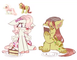 Size: 1717x1347 | Tagged: safe, artist:lemoocado, munchy, yum yum, earth pony, pegasus, pony, g1, beanie, cake, cake slice, disapproval, duo, eating, floppy ears, food, hat, simple background, white background