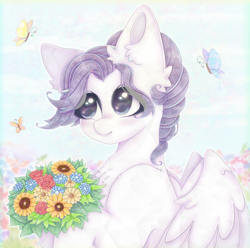Size: 2020x2000 | Tagged: safe, artist:saltyvity, oc, oc only, butterfly, crystal pony, pegasus, pony, big eyes, blushing, cloud, commission, crystal eyes, cute, cute face, cute smile, flower, high res, purple eyes, purple hair, sky, solo, sparkles, spring