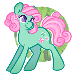 Size: 1280x1275 | Tagged: safe, artist:howdyhorsey, minty, earth pony, pony, g3, g4, colored pupils, curly hair, curly mane, cute, female, g3 to g4, generation leap, green coat, leaves, mare, mint, mintabetes, purple eyes, short mane, simple background, solo, sparkly eyes, transparent background, wingding eyes