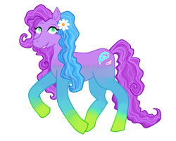 Size: 2524x2026 | Tagged: safe, artist:vernorexia, daisy paisley, earth pony, pony, g3, g4, blue mane, colored hooves, colored pupils, curly hair, curly mane, curly tail, digital art, eyelashes, flower, flower in hair, g3 to g4, generation leap, gradient legs, green eyes, high res, highlights, long mane, long tail, multicolored hair, purple coat, purple mane, simple background, smiling, solo, stylized, tail, transparent background, wingding eyes