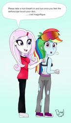 Size: 1912x3281 | Tagged: safe, artist:bageloftime, fleur-de-lis, rainbow dash, equestria girls, g4, bandage, checkup, clothes, commission, duo, nurse, nurse fleur, pants, scrubs (gear), ski goggles, speech bubble, sports bra, stethoscope, torn clothes