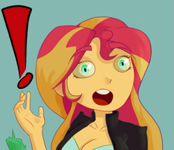 Size: 717x620 | Tagged: safe, artist:vsma8, edit, sunset shimmer, equestria girls, g4, breasts, busty sunset shimmer, cleavage, cropped, exclamation point, female, open mouth, reaction image, solo