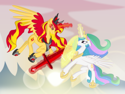 Size: 5893x4420 | Tagged: safe, artist:spinoffjoe, princess celestia, sunset shimmer, alicorn, pony, fanfic:sunset of time, g4, alicorn amulet, alicornified, duo, fanfic art, female, force field, glowing, glowing horn, horn, jewelry, mare, race swap, regalia, shimmercorn