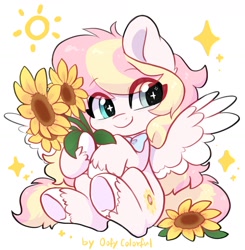 Size: 1674x1706 | Tagged: safe, artist:oofycolorful, oc, oc only, oc:ninny, pegasus, pony, g4, eye clipping through hair, female, flower, simple background, solo, sparkly eyes, sunflower, white background, wingding eyes