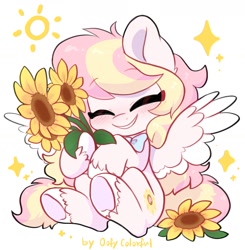 Size: 1674x1706 | Tagged: safe, artist:oofycolorful, oc, oc only, oc:ninny, pegasus, pony, eye clipping through hair, eyes closed, female, flower, mare, pegasus oc, simple background, smiling, solo, spread wings, sunflower, white background, wings