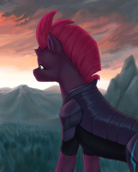 Size: 1280x1585 | Tagged: safe, artist:tigra0118, tempest shadow, pony, unicorn, g4, my little pony: the movie, armor, broken horn, concave belly, digital art, evening, female, horn, looking at something, looking away, mare, mountain, outdoors, slender, solo, standing, sunset, thin