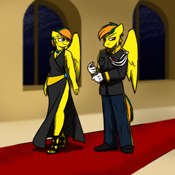 Size: 1280x1280 | Tagged: safe, artist:captainhoers, oc, oc only, oc:dual screen, pegasus, anthro, plantigrade anthro, breasts, cleavage, clothes, colored, colored sketch, dress, dress uniform, female, high heels, male, mare, shoes, simple background, skyguard, stallion, uniform, wonderbolts dress uniform