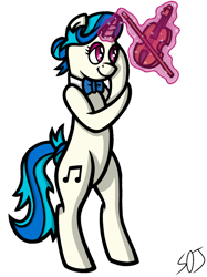 Size: 1024x1366 | Tagged: safe, artist:spinoffjoe, idw, dj pon-3, vinyl scratch, pony, unicorn, g4, reflections, spoiler:comic, bipedal, bowtie, female, glowing, glowing horn, horn, magic, mirror universe, musical instrument, simple background, solo, telekinesis, transparent background, vinyl class, violin