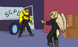Size: 1280x768 | Tagged: safe, artist:captainhoers, oc, oc only, oc:dual screen, oc:rainbow code, pegasus, anthro, plantigrade anthro, the sunjackers, 60s spider-man, clothes, colored, colored sketch, duo, meme, nighthaze, pointing, police uniform, ponified meme, sierra nevada, skyguard, spider-man points at spider-man