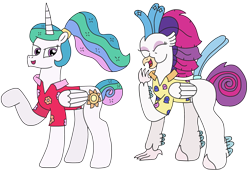Size: 2969x2056 | Tagged: safe, artist:supahdonarudo, princess celestia, queen novo, alicorn, classical hippogriff, hippogriff, pony, fanfic:a royal getaway, between dark and dawn, g4, my little pony: the movie, alternate hairstyle, alternate tailstyle, clothes, eyes closed, hawaiian shirt, high res, laughing, ponytail, raised hoof, shirt, simple background, tail, transparent background