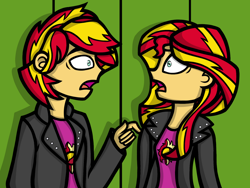 Size: 1024x768 | Tagged: safe, artist:spinoffjoe, sunset shimmer, equestria girls, g4, clothes, duo, equestria guys, female, jacket, leather jacket, male, open mouth, r63 paradox, rule 63, self paradox, self ponidox, shocked, sunset glare, wide eyes