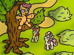 Size: 2048x1536 | Tagged: safe, artist:spinoffjoe, apple bloom, scootaloo, sweetie belle, earth pony, pegasus, pony, unicorn, g4, bipedal, cutie mark crusaders, female, filly, foal, open mouth, tree, trio, trio female