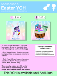 Size: 900x1200 | Tagged: safe, artist:spellboundcanvas, twilight sparkle, oc, oc:eden shallowleaf, g4, basket, bunny ears, bunny suit, clothes, commission, easter, easter basket, easter bunny, easter egg, holiday, your character here