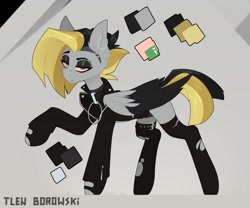 Size: 2000x1666 | Tagged: safe, artist:n_thing, oc, oc only, oc:tlen borowski, pegasus, pony, belt, black eyeshadow, clothes, collar, collar ring, colored wings, ear piercing, earring, eyebrow slit, eyebrows, eyeshadow, jacket, jewelry, leather jacket, makeup, pegasus oc, piercing, red sclera, reference sheet, ripped stockings, solo, stockings, thigh highs, torn clothes, two toned wings, wings