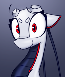 Size: 3041x3557 | Tagged: safe, artist:fenixdust, oc, oc only, oc:xr-47 primax, android, pony, robot, robot pony, antenna, bust, colored belly, dark belly, head shot, high res, looking at you, mech, portrait, red eyes, reverse countershading, simple background, smiling, smiling at you