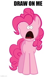 Size: 500x683 | Tagged: artist needed, safe, pinkie pie, earth pony, pony, g4, caption, d:, draw on me, exploitable meme, front view, full body, hooves, imgflip, meme, open mouth, simple background, solo, spongebob squarepants, standing, surprised patrick, text, the spongebob squarepants movie, white background