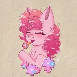 Size: 1280x1280 | Tagged: safe, artist:galaxy swirl, pinkie pie, earth pony, pony, g4, candy, chest fluff, ear fluff, eyebrows, eyebrows visible through hair, eyes closed, female, food, hoof hold, licking, lollipop, mare, open mouth, open smile, signature, smiling, solo, tongue out