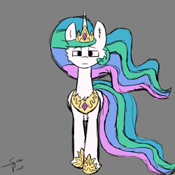 Size: 2048x2048 | Tagged: safe, artist:solder point, princess celestia, alicorn, pony, g4, cheek fluff, chest fluff, colored, crown, digital art, ear fluff, ethereal mane, ethereal tail, female, flat colors, fluffy, gray background, high res, hoof fluff, intimidating, jewelry, looking at you, mare, regalia, signature, simple background, sketch, solo, standing, tail, unamused