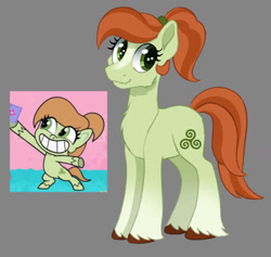Size: 1280x1215 | Tagged: safe, artist:horse-time-babey, edit, edited screencap, screencap, clover swirl, toola roola, earth pony, pony, death of a sales-pony, g4.5, my little pony: pony life, bipedal, chest fluff, female, full body, gray background, grin, hooves, mare, ponytail, simple background, smiling, solo, standing, tail, unshorn fetlocks
