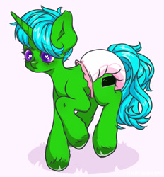 Size: 1950x2100 | Tagged: safe, alternate version, artist:pinatsubata, oc, oc:green byte, pony, unicorn, commission, diaper, diaper fetish, fetish, heart eyes, horn, male, non-baby in diaper, raised hoof, simple background, solo, stallion, unicorn oc, wingding eyes, ych result