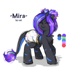 Size: 2104x2254 | Tagged: safe, artist:vaiola, oc, oc only, oc:mira, pony, blue tongue, blushing, chest fluff, cute, diaper, ear piercing, earring, eyebrows, eyes closed, female, full body, hair bun, happy, high res, horn, jewelry, mare, multiple horns, non-baby in diaper, piercing, poofy diaper, reference sheet, simple background, solo, tail, tail hole, tongue out, white background