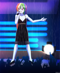 Size: 818x1000 | Tagged: safe, artist:riouku, rainbow dash, equestria girls, alternate hairstyle, black dress, clothes, commission, commissioner:ajnrules, concert, crowd, dress, female, flats, little black dress, microphone, open mouth, rain, rainbow dash always dresses in style, shoes, singing, singing in the rain, solo, spotlight, stage, wet dress, wet hair