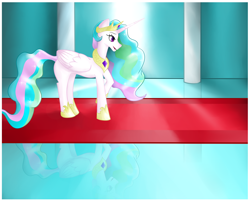 Size: 2110x1697 | Tagged: safe, artist:pascal571, princess celestia, alicorn, pony, g4, castle, crown, female, folded wings, hoof shoes, hooves, horn, jewelry, long horn, mare, open mouth, peytral, reflective floor, regalia, solo, standing, tail, wings