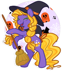 Size: 1822x1997 | Tagged: safe, artist:howdyhorsey, abra-ca-dabra, earth pony, ghost, pony, undead, g3, braid, broom, candy, candy corn, cloak, clothes, costume, eyes closed, food, halloween, halloween costume, happy, hat, holding, holiday, purple coat, rearing, simple background, solo, spider web, transparent background, twin braids, witch, witch hat, yellow mane