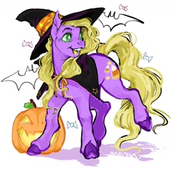 Size: 1280x1246 | Tagged: safe, artist:moshpaws, abra-ca-dabra, bat, earth pony, pony, g3, cape, clothes, halloween, hat, holiday, jack-o-lantern, pumpkin, simple background, solo, white background, witch hat