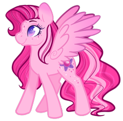 Size: 1280x1262 | Tagged: safe, artist:howdyhorsey, hidden treasure, pegasus, pony, g3, g4, colored wings, freckles, gem, gradient ears, gradient wings, multicolored mane, pink body, pink coat, pink mane, purple eyes, simple background, solo, sparkles, stars, stylized, transparent background, wings