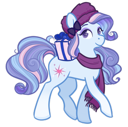 Size: 1280x1276 | Tagged: safe, artist:howdyhorsey, velvet bow, earth pony, pony, g3, accessory, blue coat, blue mane, clothes, curly mane, eyeshadow, fanart, fur hat, hat, makeup, multicolored hair, multicolored mane, pink mane, present, purple eyes, purple mane, raised hoof, scarf, simple background, solo, transparent background, winter outfit