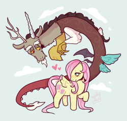 Size: 1280x1221 | Tagged: safe, artist:squiddy-ink-s, discord, fluttershy, draconequus, pegasus, pony, g1, g4, alternate design, bow, cute, duo, female, g4 to g1, generation leap, male, ship:discoshy, shipping, shyabetes, signature, straight, tail, tail bow