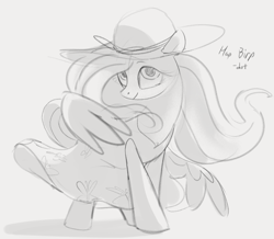 Size: 1123x981 | Tagged: safe, artist:dotkwa, fluttershy, pegasus, pony, g4, clothes, cute, dress, female, gray background, grayscale, hat, mare, monochrome, shyabetes, simple background, solo, sun hat, sundress