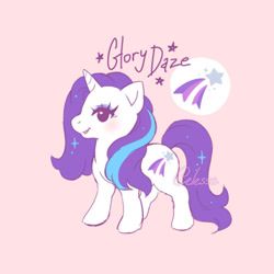 Size: 640x640 | Tagged: safe, artist:celesse, glory, pony, unicorn, g1, cute, eyelashes, female, full name, glorybetes, mare, multicolored hair, multicolored mane, multicolored tail, pink background, simple background, solo, sparkles, tail, two toned mane