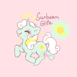 Size: 640x640 | Tagged: safe, artist:celesse, sunbeam, pony, unicorn, g1, adorabeam, cute, eyes closed, female, full name, mare, pink background, simple background, solo, sparkles