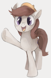 Size: 567x864 | Tagged: safe, artist:dotkwa, oc, oc only, earth pony, pony, beret, gray background, hat, looking at you, open mouth, open smile, simple background, smiling, smiling at you, solo, waving