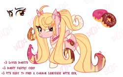 Size: 4335x2702 | Tagged: safe, artist:idkhesoff, oc, oc only, oc:strawberry sprinkles, alicorn, pony, alicorn oc, choker, clothes, donut, ear piercing, earring, female, food, freckles, horn, horn piercing, jewelry, mare, markings, multicolored hair, piercing, raised hoof, raised leg, reference sheet, shirt, simple background, solo, white background, wings