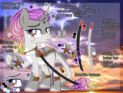 Size: 3046x2297 | Tagged: safe, artist:midnightmusic, oc, oc only, oc:sunrise storm, pony, unicorn, armor, belt, curved horn, dagger, elbow pads, eye scar, female, glowing, glowing horn, high res, horn, horn guard (armor), katana, knee pads, knife, leonine tail, magic, mare, markings, multicolored hair, reference sheet, samurai, scar, solo, sword, tail, viking, weapon