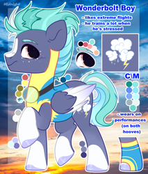 Size: 3036x3570 | Tagged: safe, artist:midnightmusic, oc, oc only, oc:rushing clouds, pegasus, pony, clothes, freckles, goggles, high res, hoofless socks, male, markings, multicolored hair, raised hoof, raised leg, reference sheet, socks, solo, stallion, uniform, unshorn fetlocks, wonderbolt trainee uniform, wonderbolts