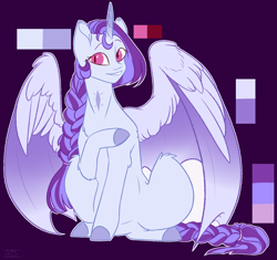 Size: 1602x1503 | Tagged: safe, artist:purplegrim40, oc, oc only, alicorn, pony, alicorn oc, braid, colored hooves, female, horn, interspecies offspring, magical lesbian spawn, mare, offspring, parent:princess ember, parent:twilight sparkle, parents:emberlight, reference sheet, solo, wings