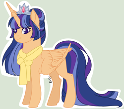 Size: 1712x1502 | Tagged: safe, artist:stormcloud-yt, oc, oc only, alicorn, pony, base used, clothes, eyelashes, female, jewelry, mare, offspring, parent:flash sentry, parent:twilight sparkle, parents:flashlight, scarf, signature, simple background, solo, tiara