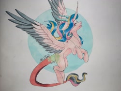 Size: 4032x3024 | Tagged: safe, artist:stormcloud-yt, oc, draconequus, pony, draconequus oc, rearing, smiling, traditional art