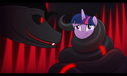 Size: 4535x2746 | Tagged: safe, artist:culu-bluebeaver, twilight sparkle, oc, oc:plague, pony, serpent, snake, unicorn, comic:the six-winged serpent, g4, coiling, coils, fake screenshot, female, horn, letterboxing, looking at each other, looking at someone, oc villain, png, simple background, squeezing