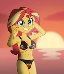 Size: 1024x1194 | Tagged: safe, artist:emeraldblast63, sunset shimmer, equestria girls, g4, bare shoulders, belly button, breasts, clothes, female, legs together, sleeveless, solo, swimsuit
