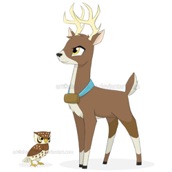 Size: 900x900 | Tagged: safe, artist:shadobabe, oc, oc only, oc:trailblazer, bird, deer, owl, antlers, deer oc, duo, male, simple background, smiling, white background