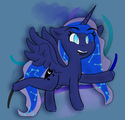 Size: 2095x2001 | Tagged: safe, artist:botckap, princess luna, alicorn, pony, g4, constellation, constellation hair, ethereal mane, extended trot pose, female, high res, looking at you, mare, raised hoof, solo, starry mane