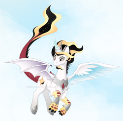 Size: 920x900 | Tagged: safe, artist:shadobabe, oc, oc only, draconequus, hybrid, draconequus oc, flying, interspecies offspring, male, offspring, outdoors, parent:discord, parent:princess celestia, parents:dislestia, solo