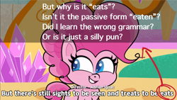 Size: 2079x1170 | Tagged: safe, edit, edited screencap, screencap, earth pony, pony, g4, g4.5, my little pony: pony life, what goes updo, arrow, closed captioning, female, grammar error, looking at something, mare, smiling, solo