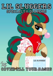 Size: 1423x2048 | Tagged: safe, artist:mommymidday, oc, oc:double dinger, earth pony, pony, baseball, bubble, bubblegum, butt, clothes, coat markings, commission, diaper, diaper fetish, diaper package, fetish, food, gradient background, gum, hooves, jersey, looking back, non-baby in diaper, plot, poofy diaper, poofy mane, raised hoof, raised tail, show accurate, simple background, socks (coat markings), solo, sports, tail, text, two toned mane, two toned tail