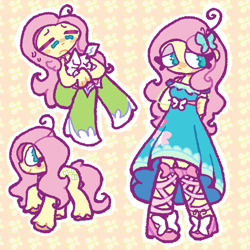 Size: 2513x2513 | Tagged: safe, artist:toaestt, angel bunny, fluttershy, butterfly, pony, equestria girls, g4, ahoge, bow, clothes, dress, eyelashes, female, hairclip, high heels, high res, shoes, skirt, smiling, solo, sweat, sweatdrop, worried